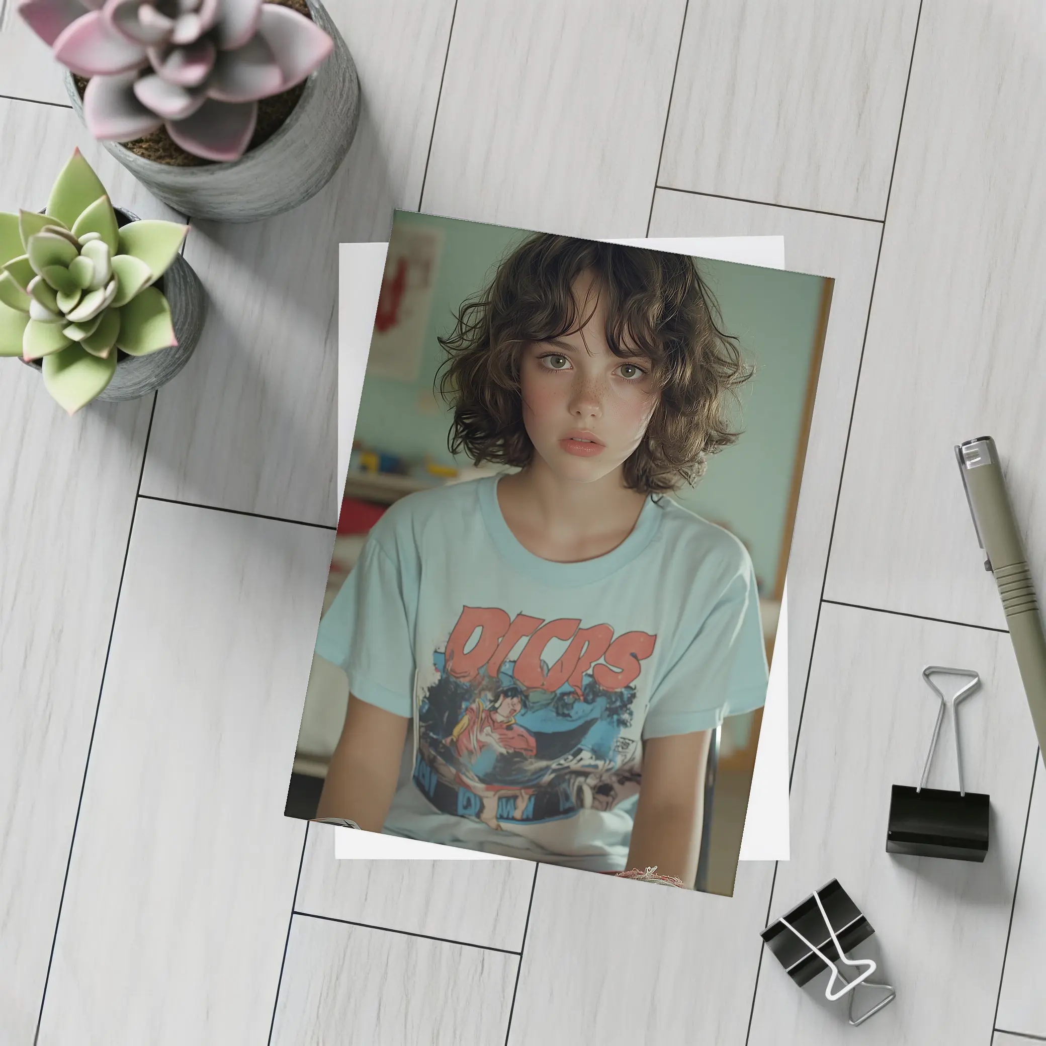 Young Girl Wearing Graphic Tee Classroom – Postcards