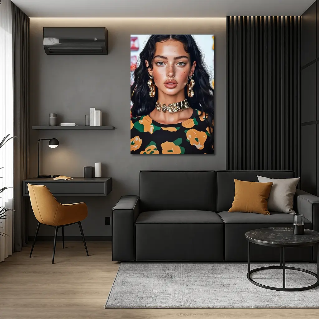 Young Woman Gold Jewelry Floral Print Portrait – Wall Art