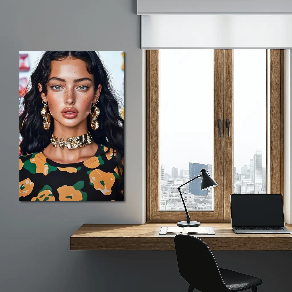 Young Woman Gold Jewelry Floral Print Portrait – Wall Art