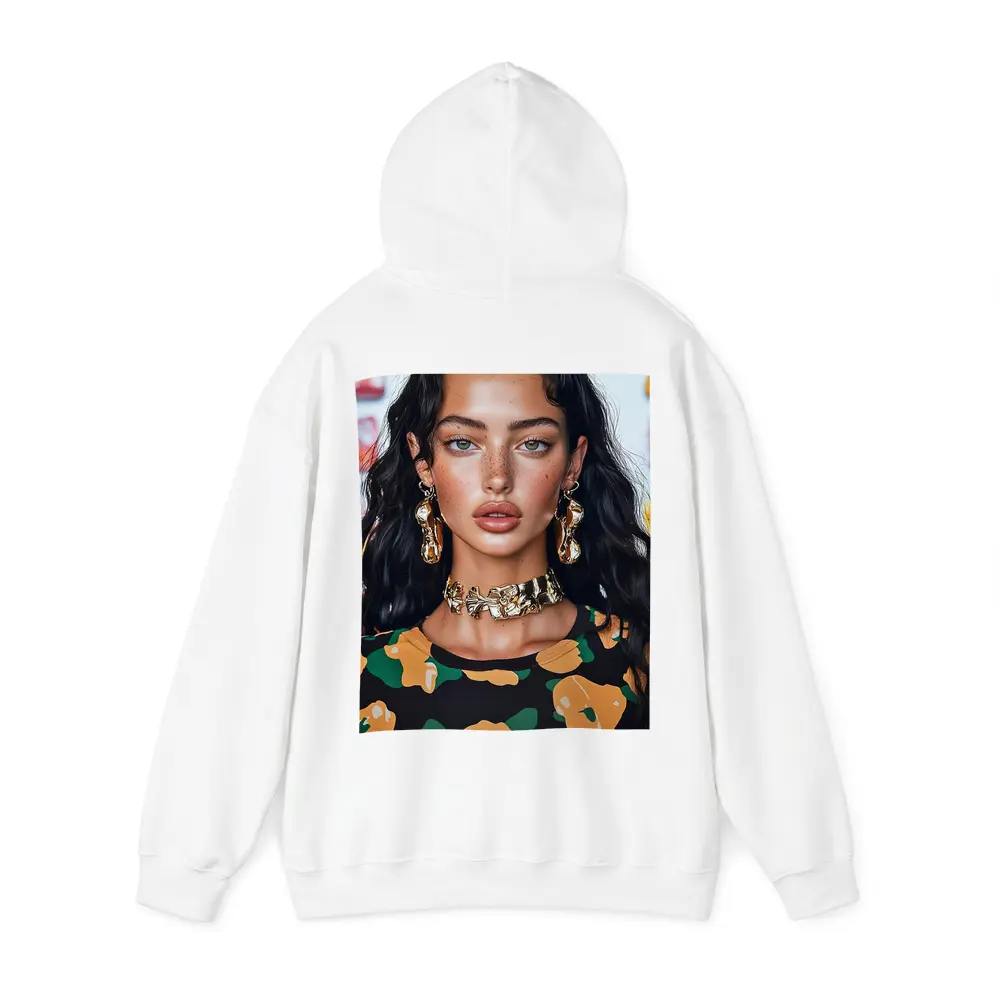 Young Woman Gold Jewelry Floral Print Portrait – Hoodies