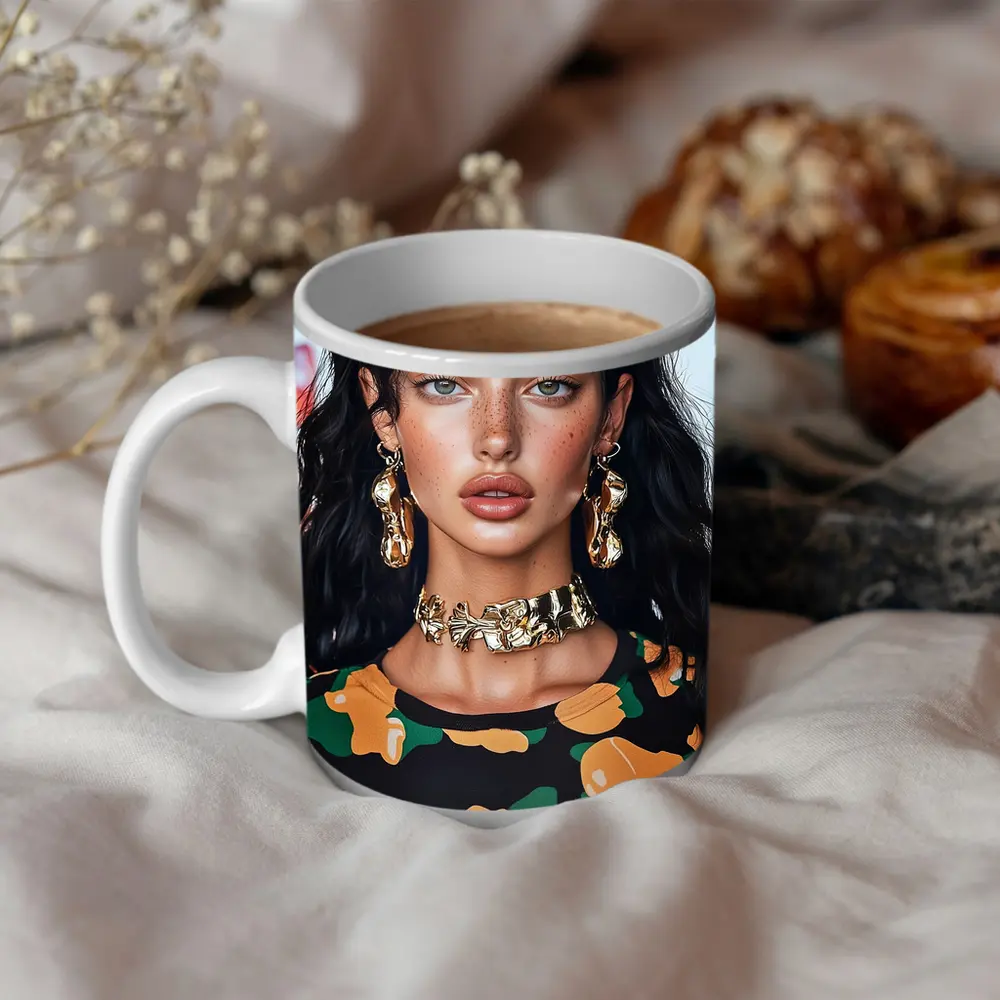 Young Woman Gold Jewelry Floral Print Portrait – Mugs