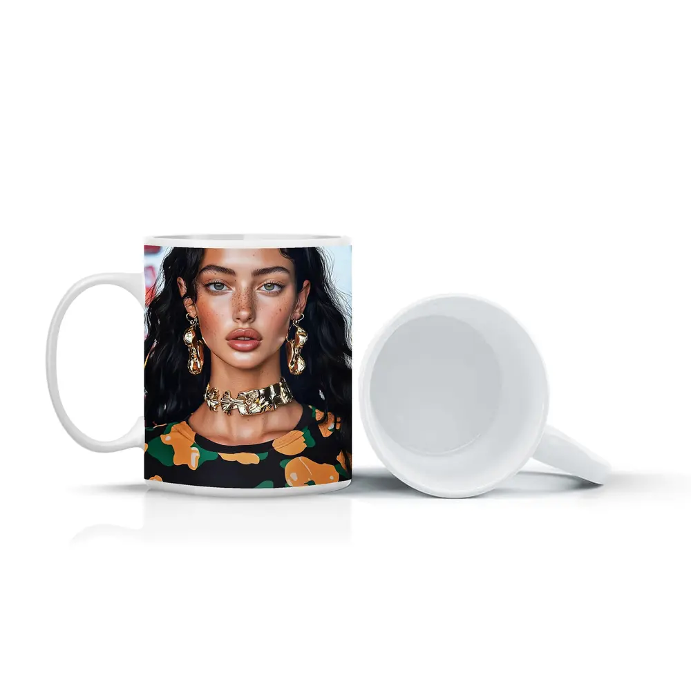 Young Woman Gold Jewelry Floral Print Portrait – Mugs
