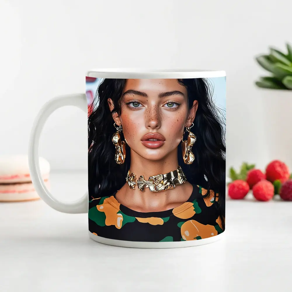 Young Woman Gold Jewelry Floral Print Portrait – Mugs
