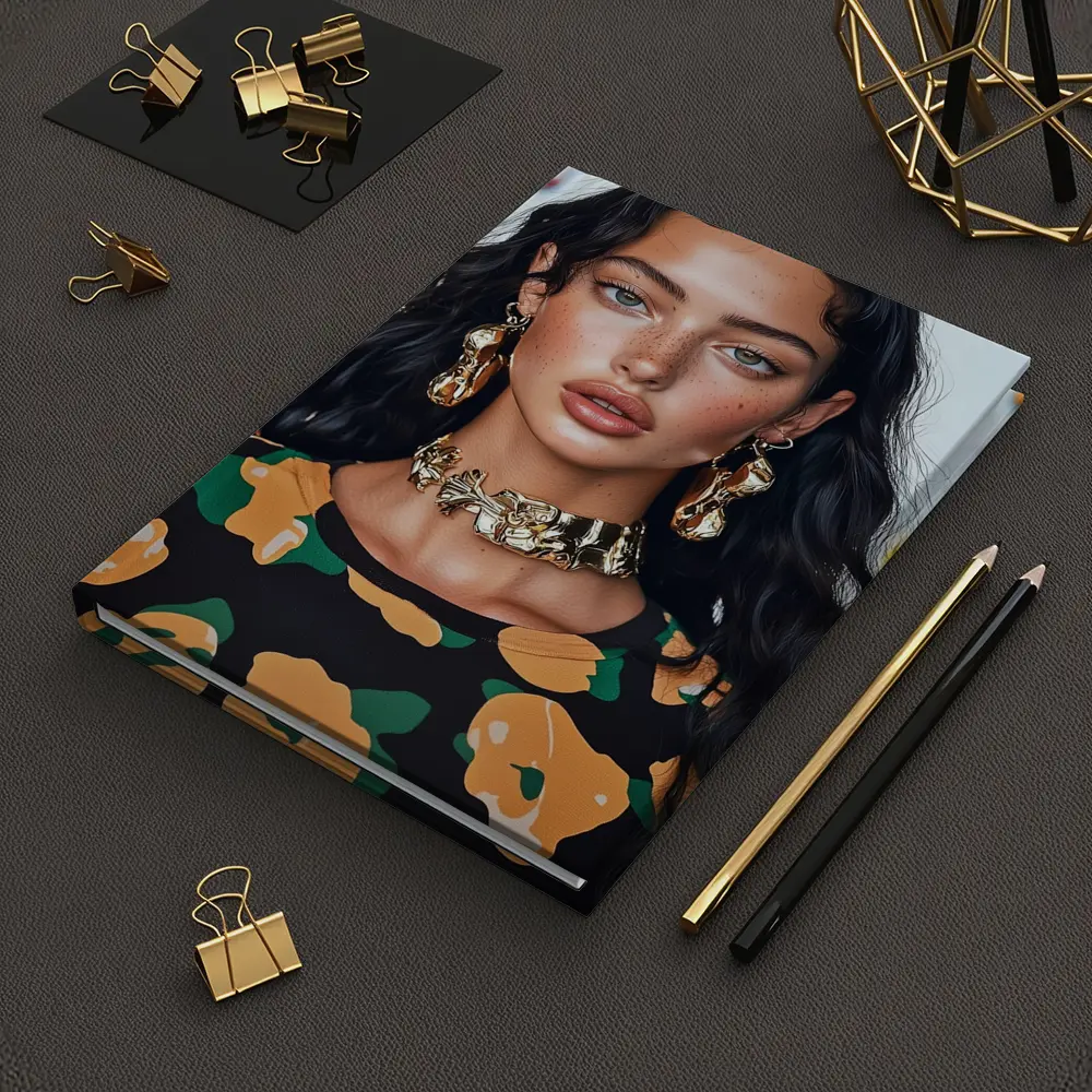Young Woman Gold Jewelry Floral Print Portrait – Notebooks