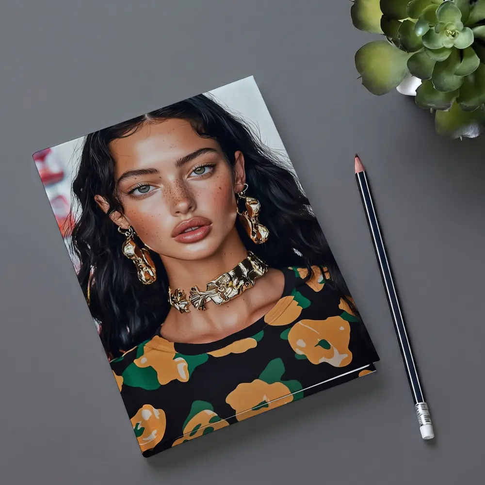 Young Woman Gold Jewelry Floral Print Portrait – Notebooks
