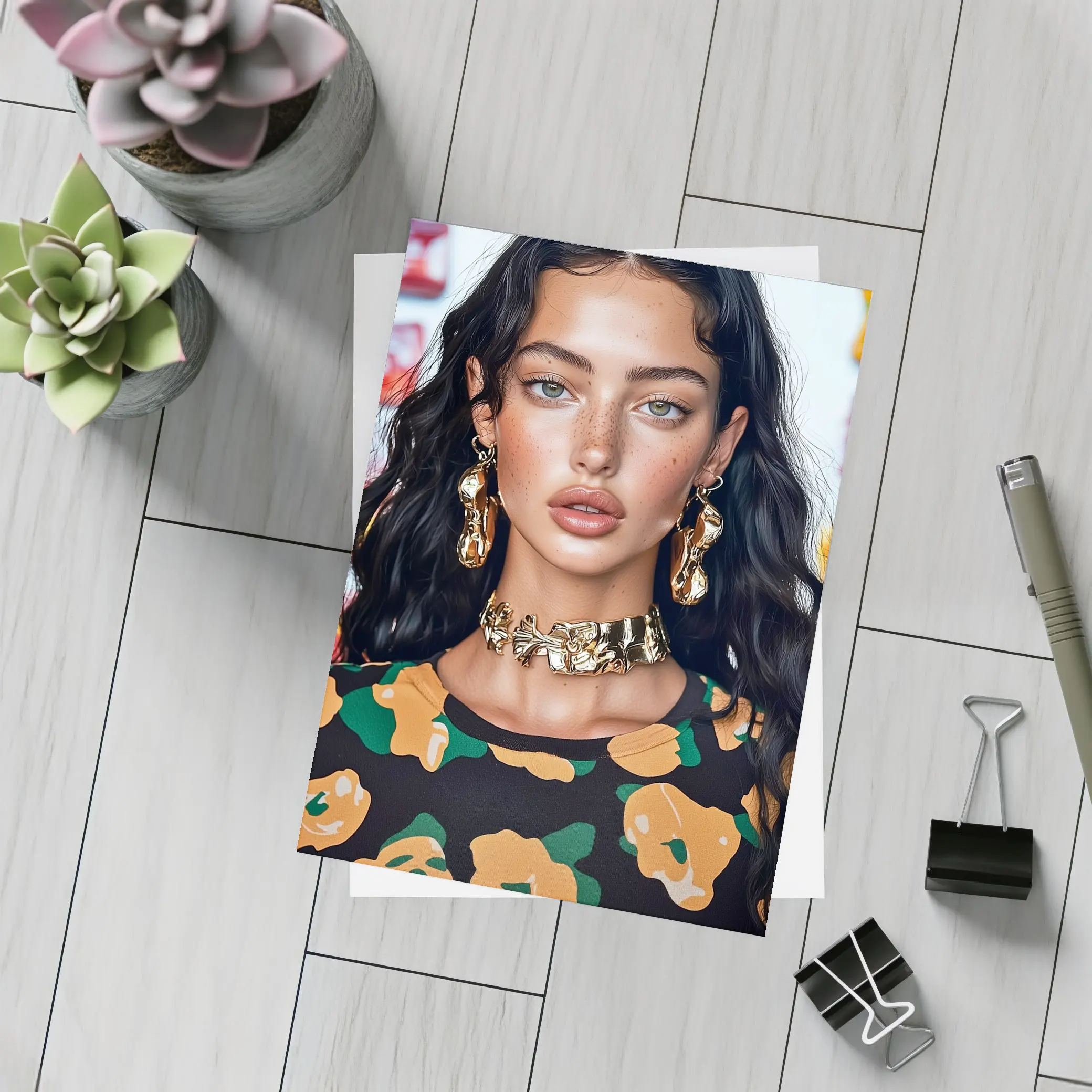 Young Woman Gold Jewelry Floral Print Portrait – Postcards