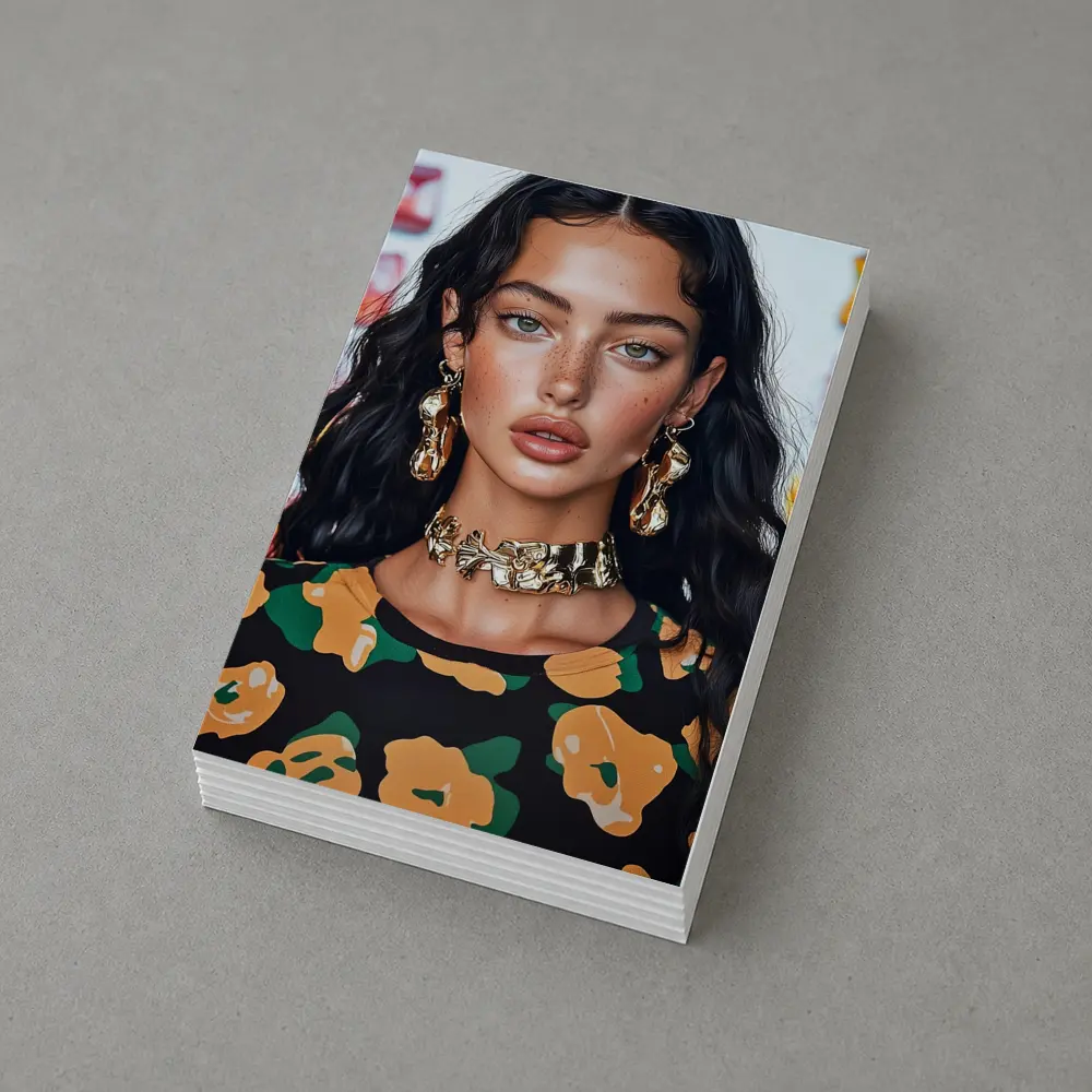 Young Woman Gold Jewelry Floral Print Portrait – Postcards