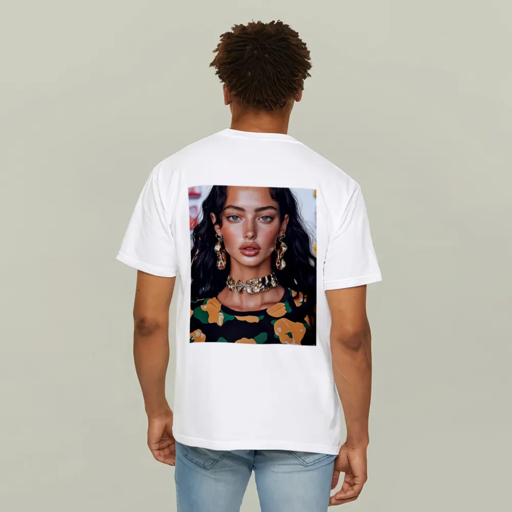 Young Woman Gold Jewelry Floral Print Portrait – T-Shirts