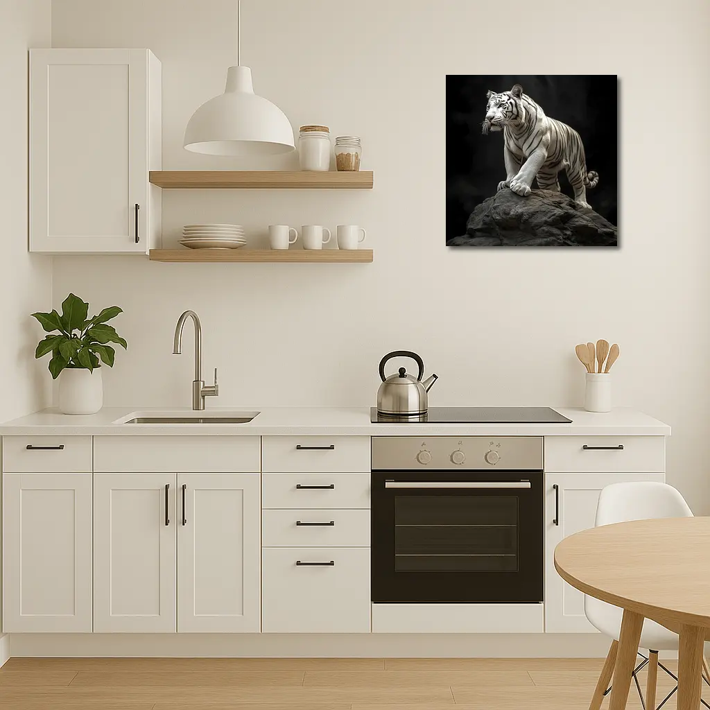 White Tiger Standing On Rock Dark Background – Wall Art