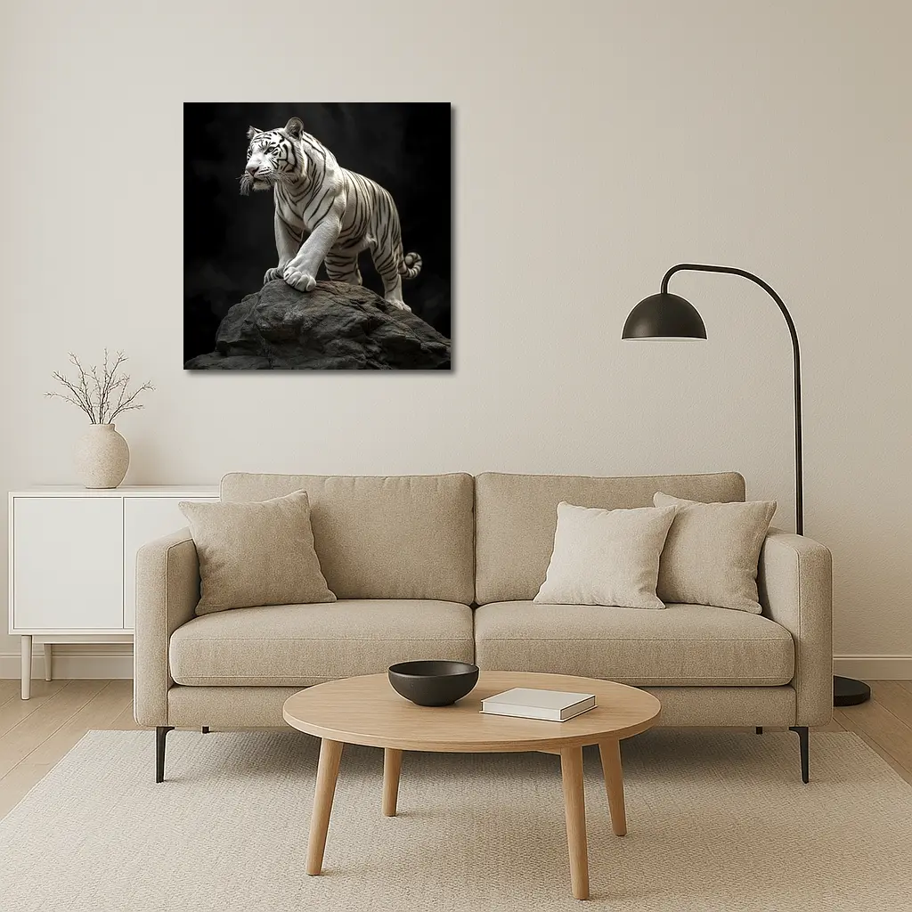 White Tiger Standing On Rock Dark Background – Wall Art