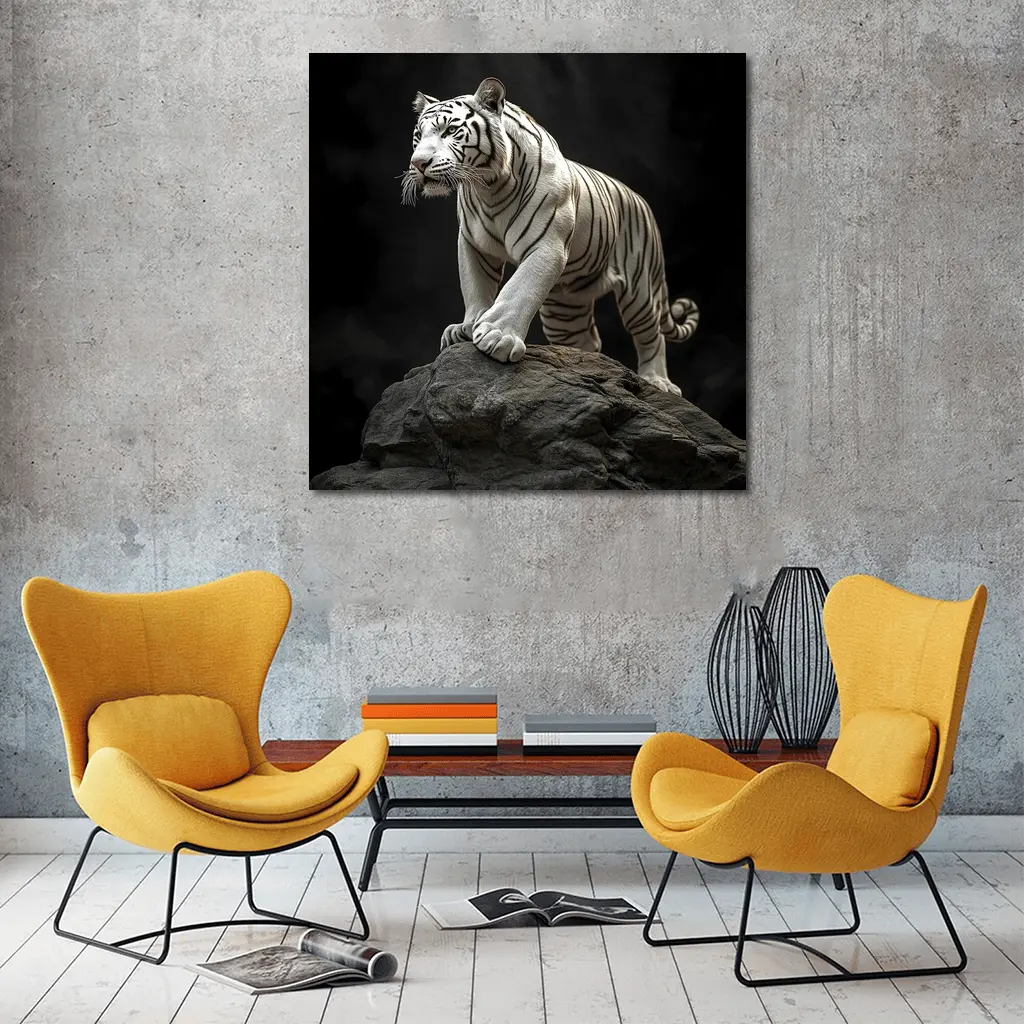 White Tiger Standing On Rock Dark Background – Wall Art
