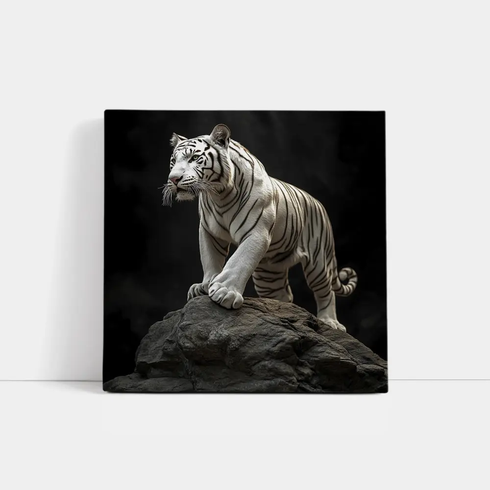 White Tiger Standing On Rock Dark Background – Wall Art
