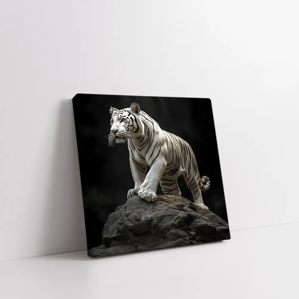 White Tiger Standing On Rock Dark Background – Wall Art