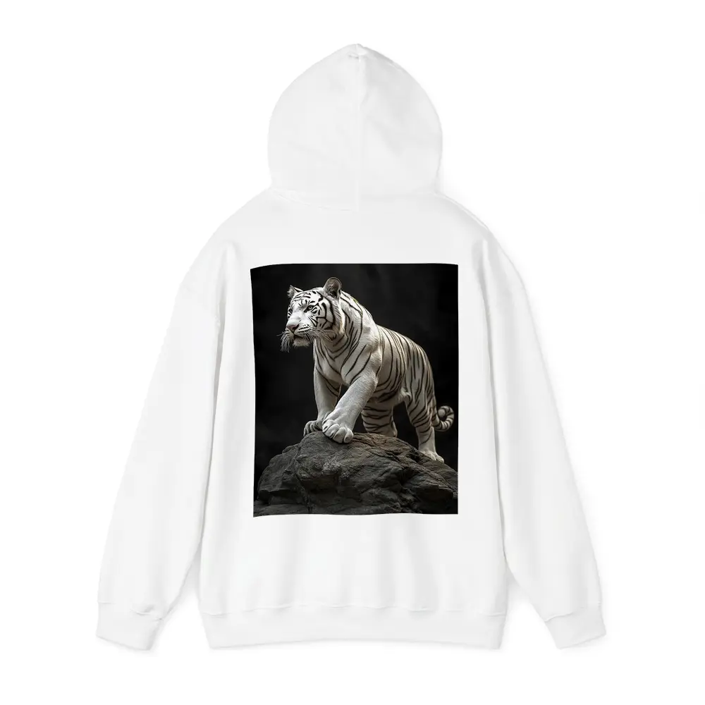 White Tiger Standing On Rock Dark Background – Hoodies