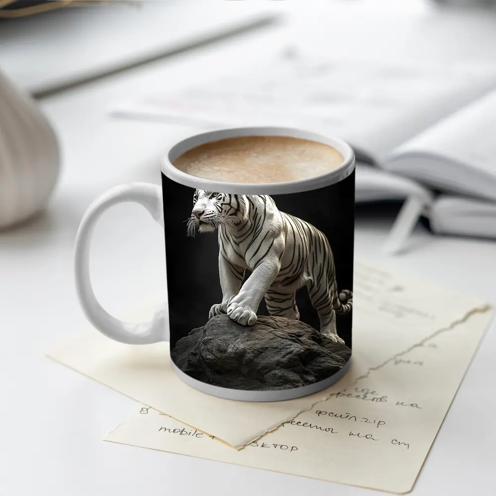 White Tiger Standing On Rock Dark Background – Mugs