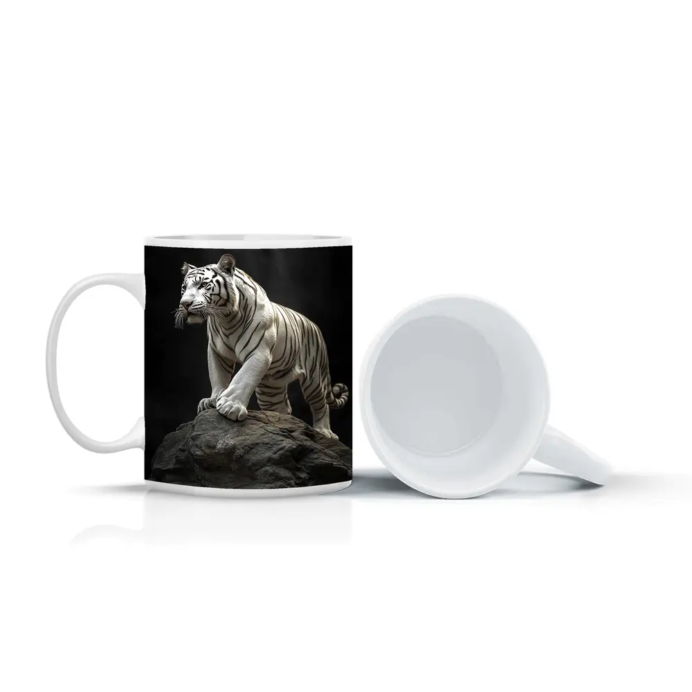 White Tiger Standing On Rock Dark Background – Mugs