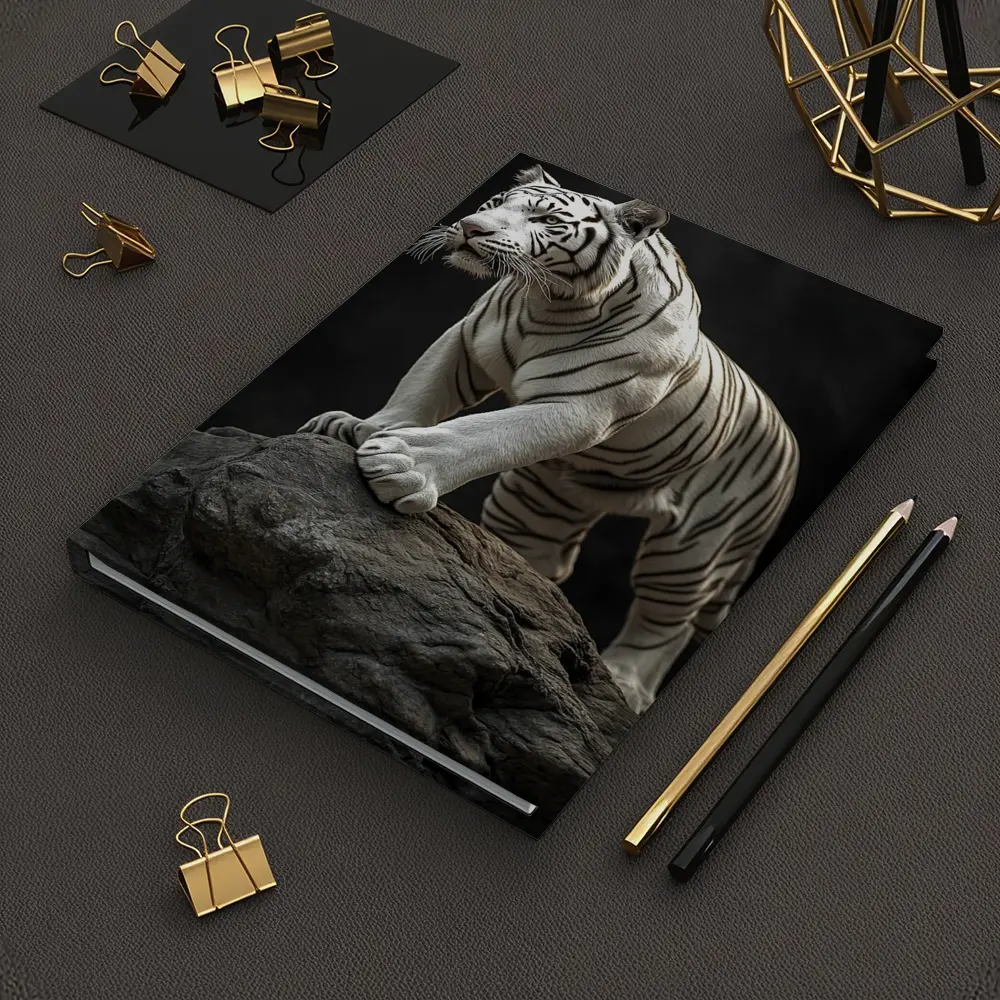 White Tiger Standing On Rock Dark Background – Notebooks