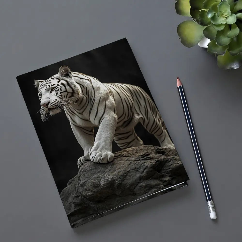 White Tiger Standing On Rock Dark Background – Notebooks