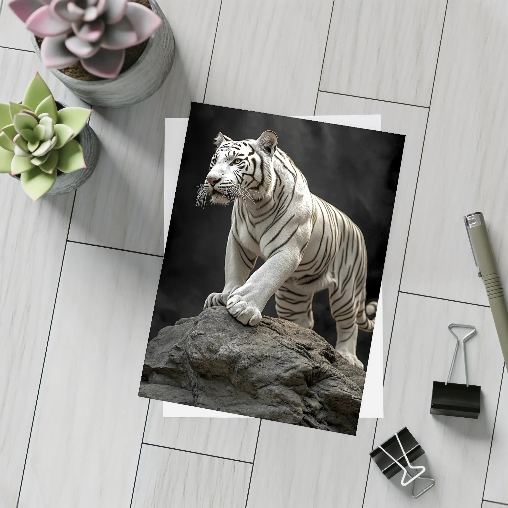 White Tiger Standing On Rock Dark Background – Postcards