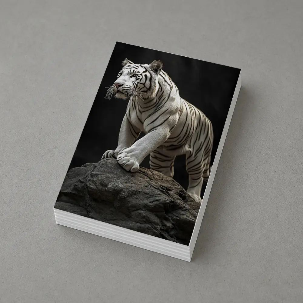White Tiger Standing On Rock Dark Background – Postcards