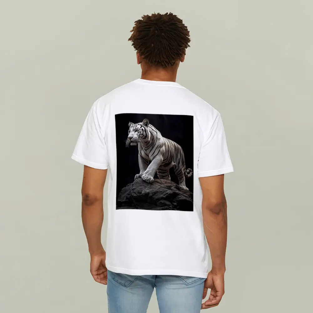 White Tiger Standing On Rock Dark Background – T-Shirts