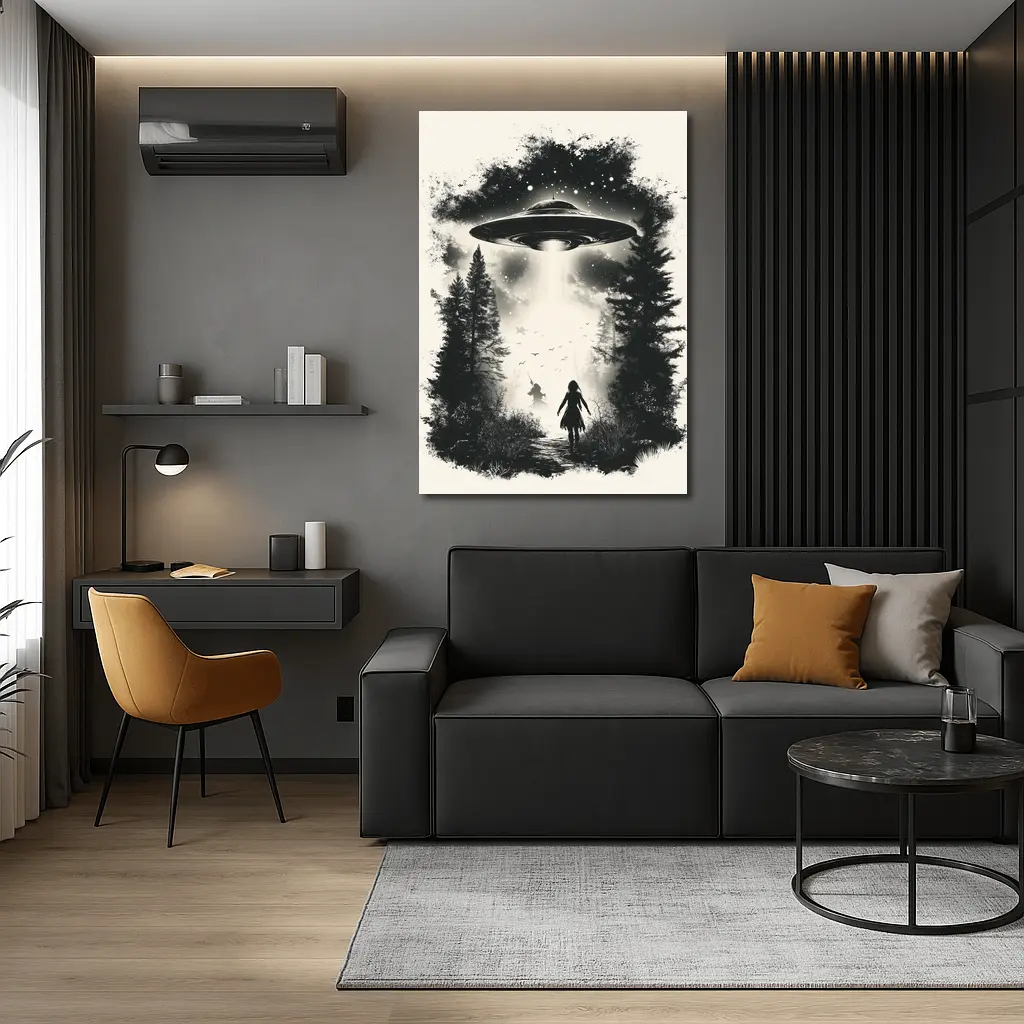 UFO Abduction Girl Forest Black White Art – Wall Art