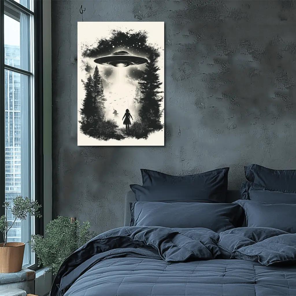 UFO Abduction Girl Forest Black White Art – Wall Art