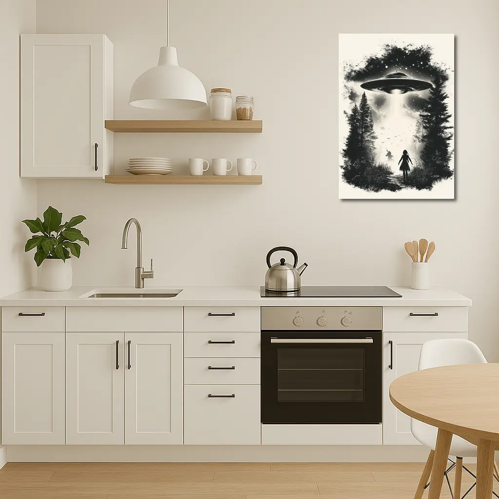 UFO Abduction Girl Forest Black White Art – Wall Art