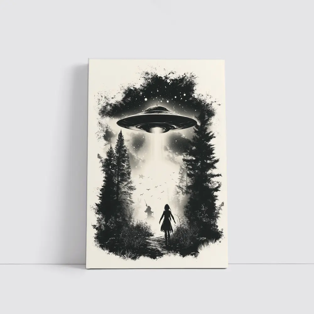 UFO Abduction Girl Forest Black White Art – Wall Art