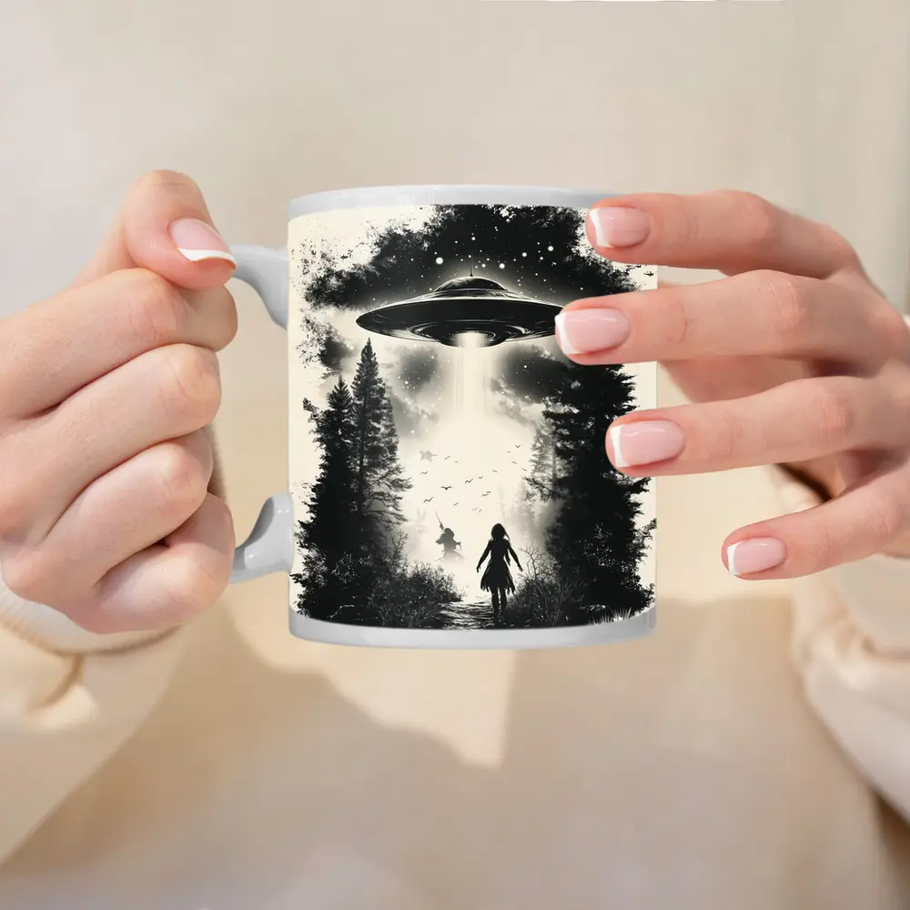 UFO Abduction Girl Forest Black White Art – Mugs