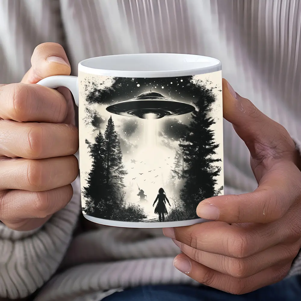 UFO Abduction Girl Forest Black White Art – Mugs
