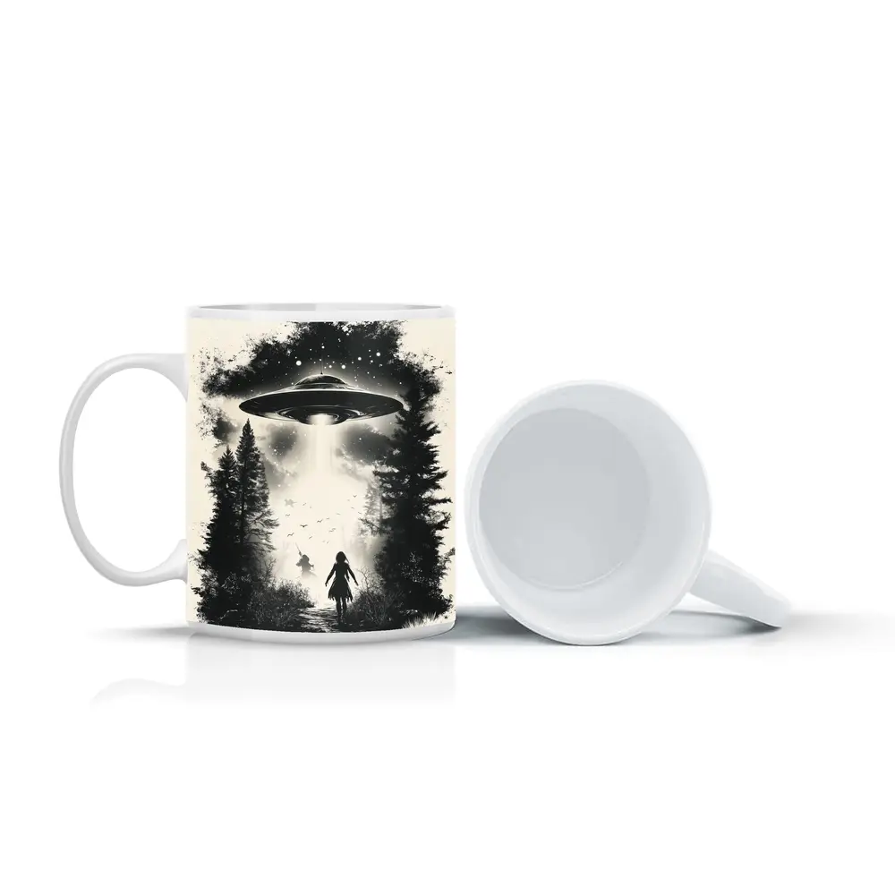 UFO Abduction Girl Forest Black White Art – Mugs