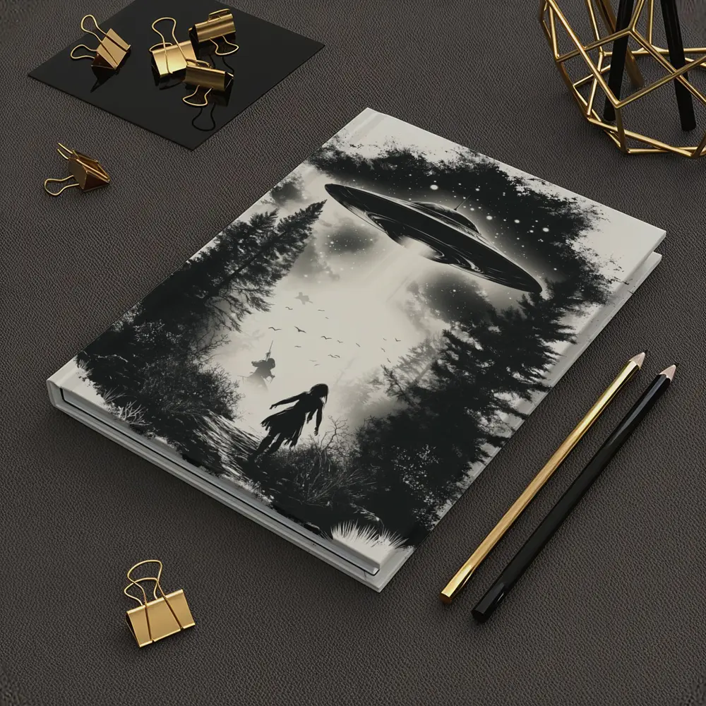 UFO Abduction Girl Forest Black White Art – Notebooks