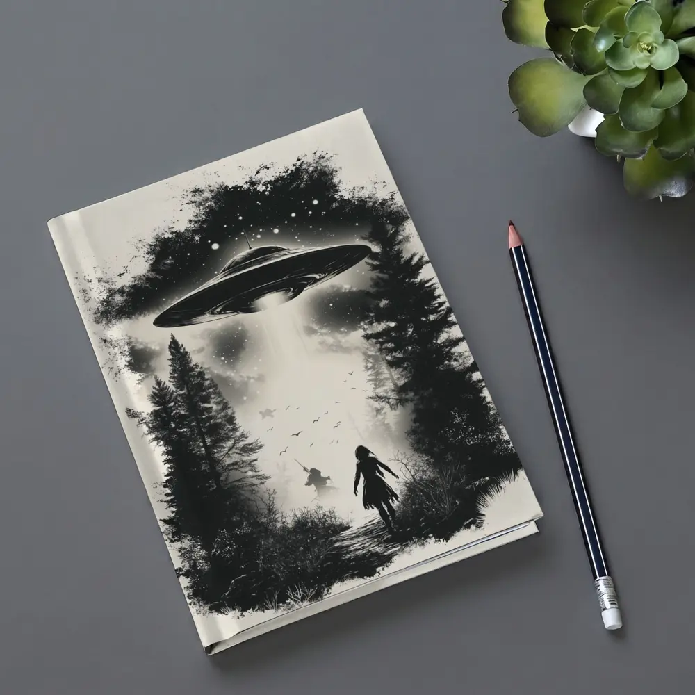 UFO Abduction Girl Forest Black White Art – Notebooks