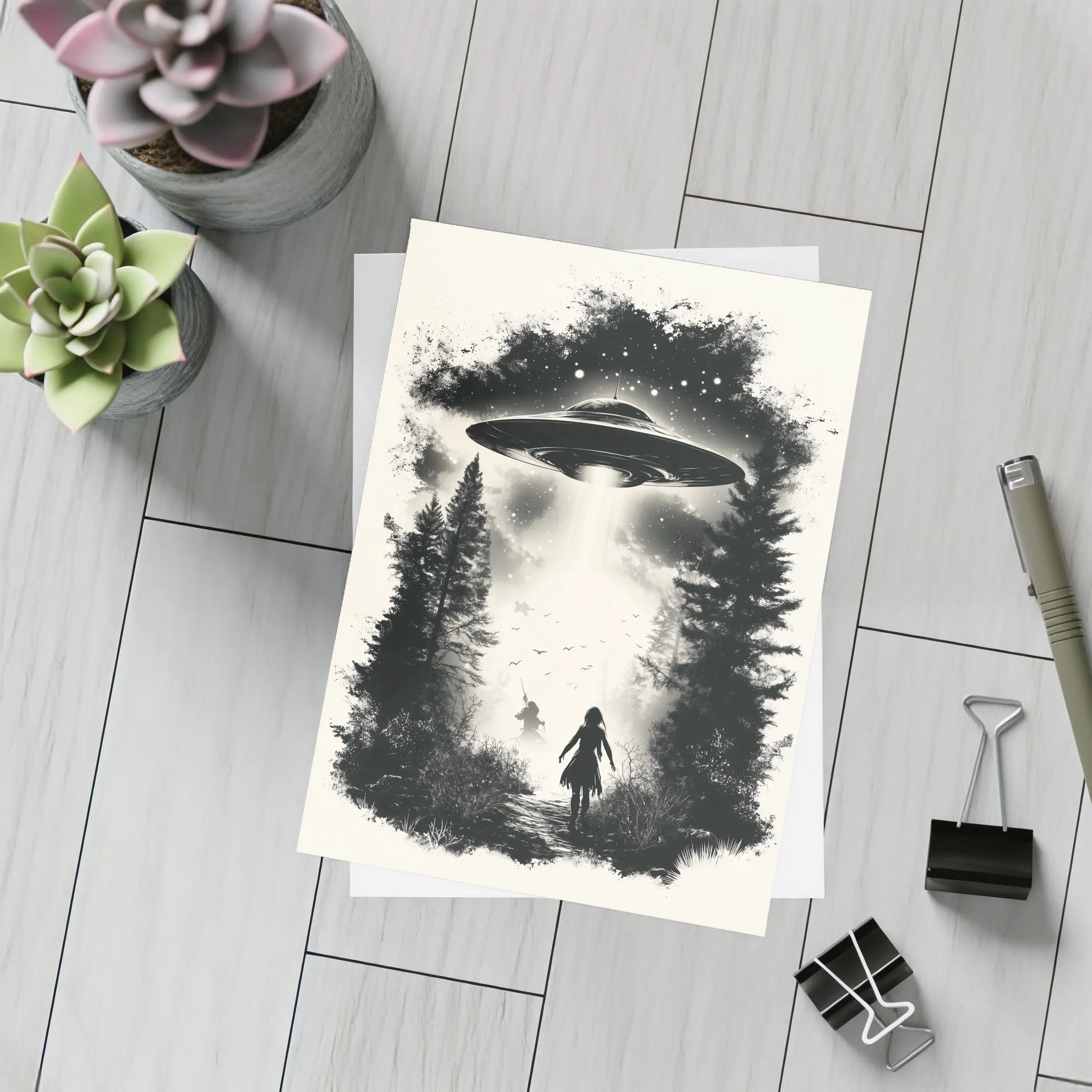 UFO Abduction Girl Forest Black White Art – Postcards