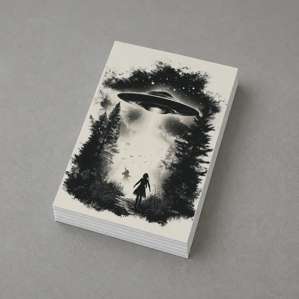 UFO Abduction Girl Forest Black White Art – Postcards