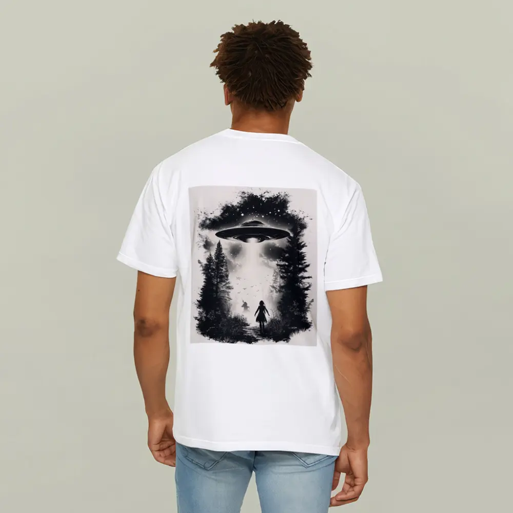 UFO Abduction Girl Forest Black White Art – T-Shirts