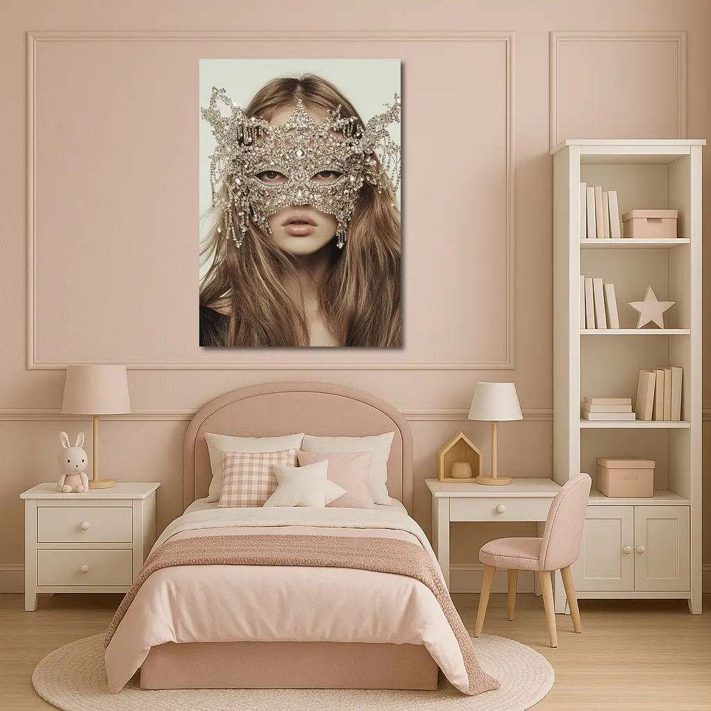 Crystal Masquerade Mask Woman Beige Background – Wall Art