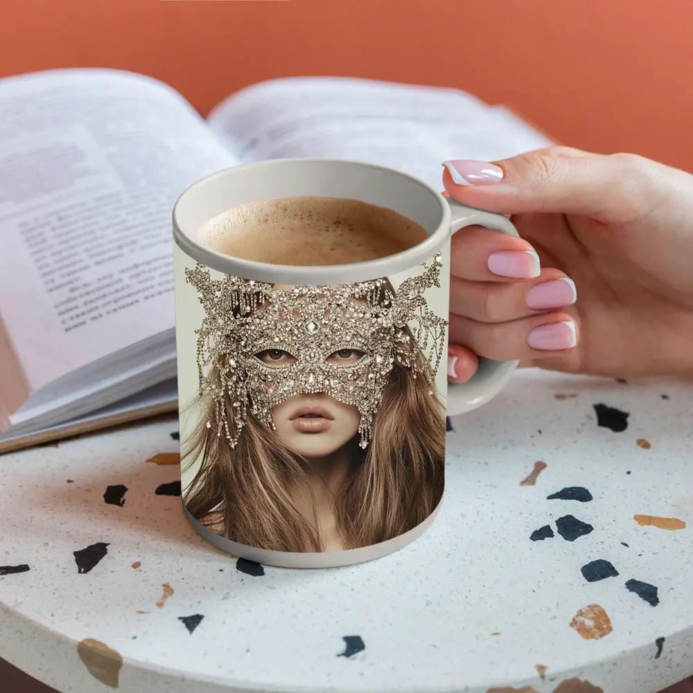 Crystal Masquerade Mask Woman Beige Background – Mugs