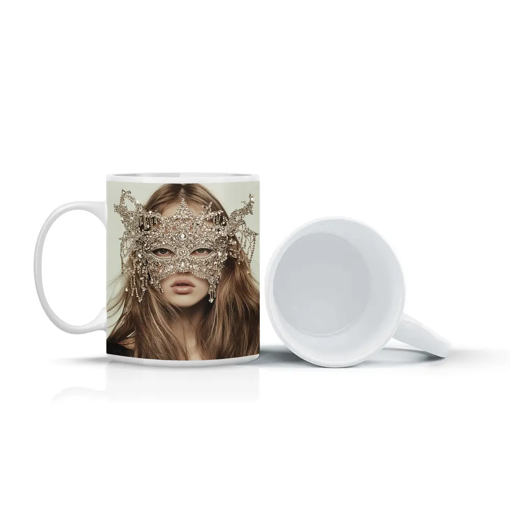 Crystal Masquerade Mask Woman Beige Background – Mugs