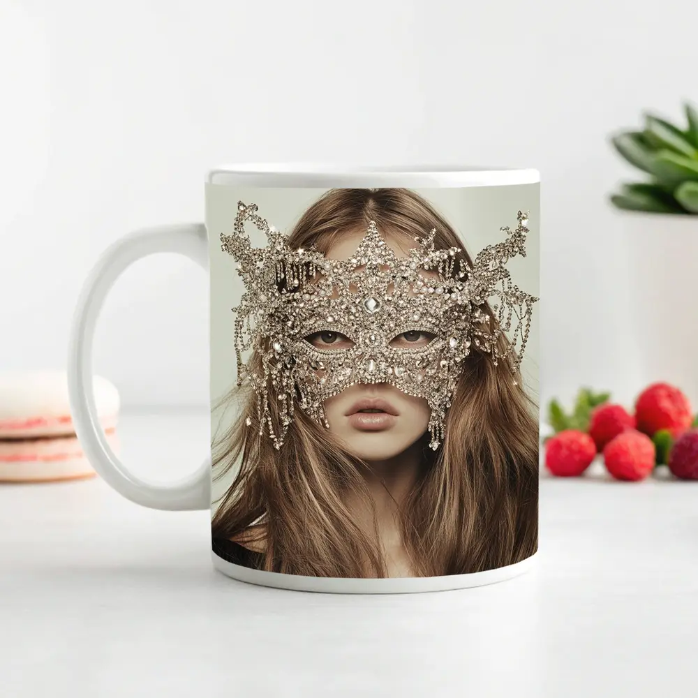 Crystal Masquerade Mask Woman Beige Background – Mugs