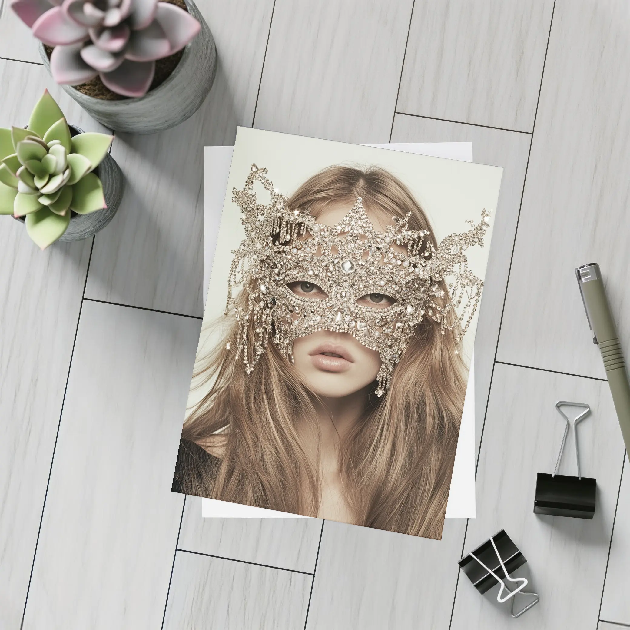 Crystal Masquerade Mask Woman Beige Background – Postcards