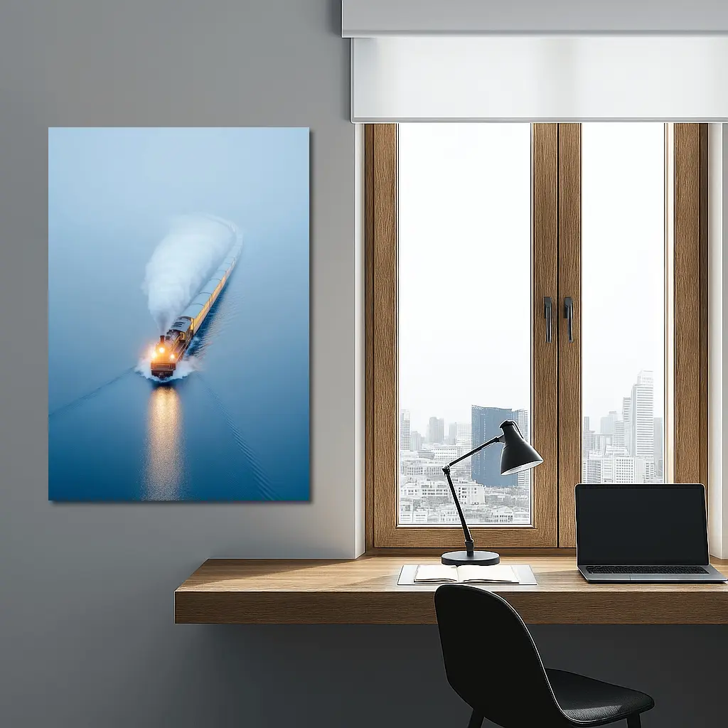 Yellow Train Rushing Through Misty Blue Water – Wall Art