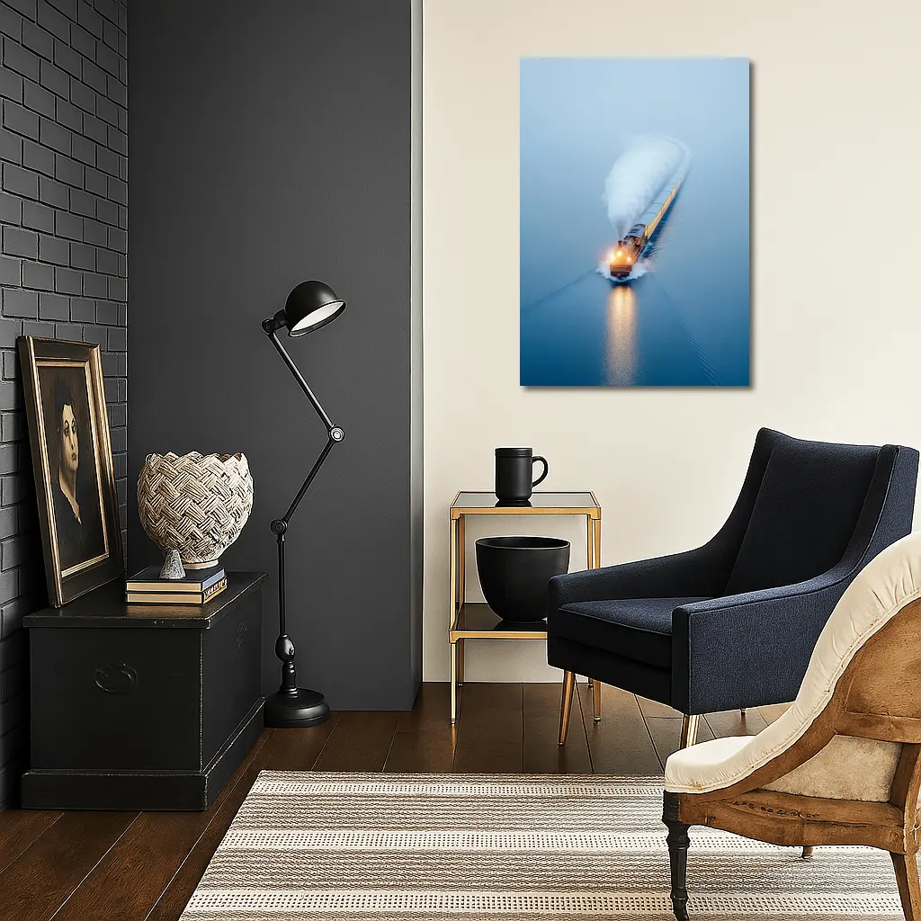 Yellow Train Rushing Through Misty Blue Water – Wall Art