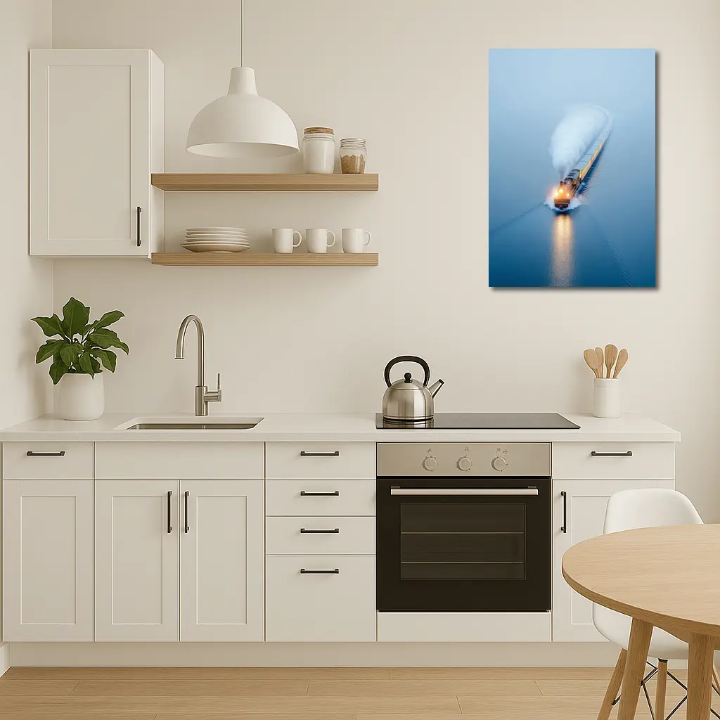 Yellow Train Rushing Through Misty Blue Water – Wall Art