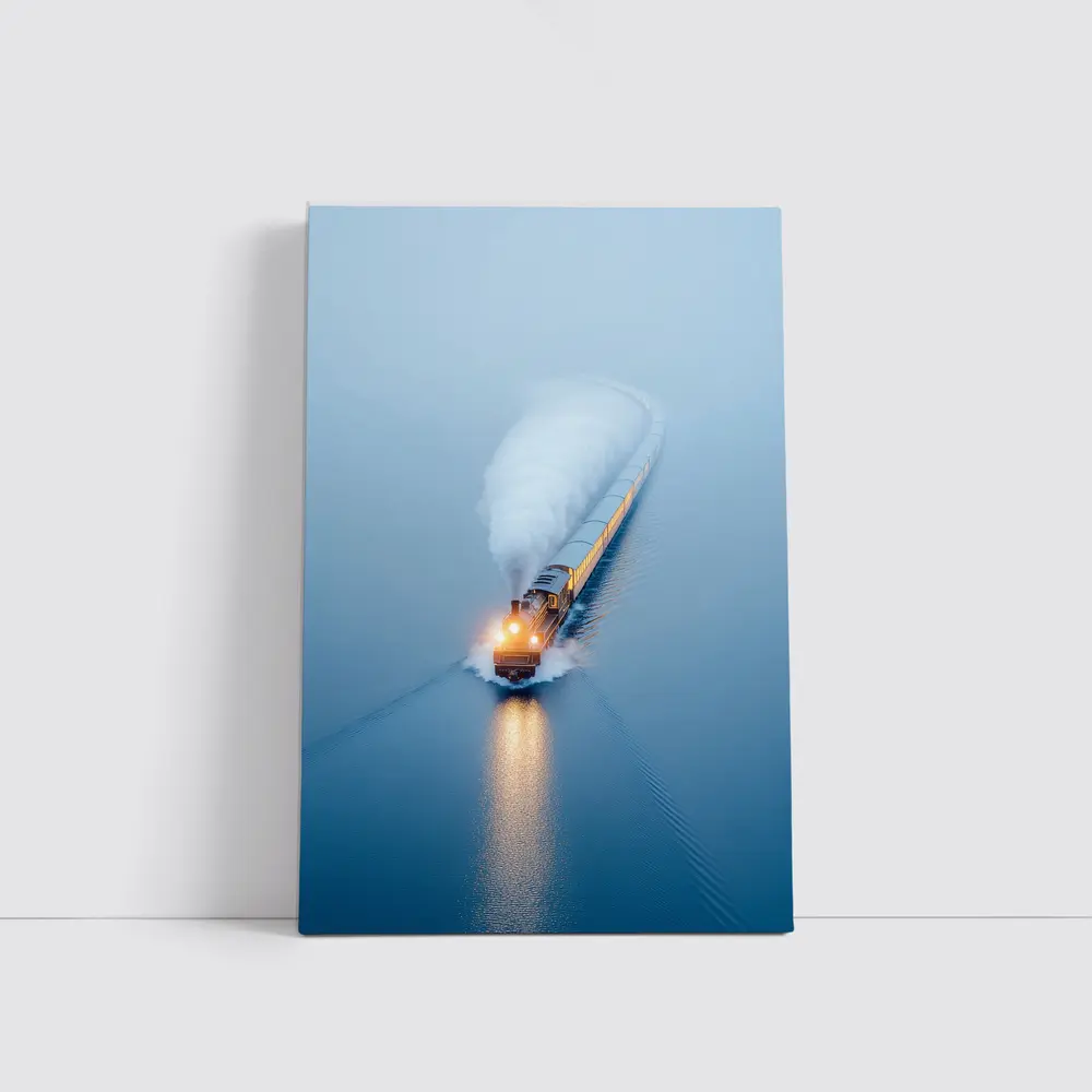 Yellow Train Rushing Through Misty Blue Water – Wall Art