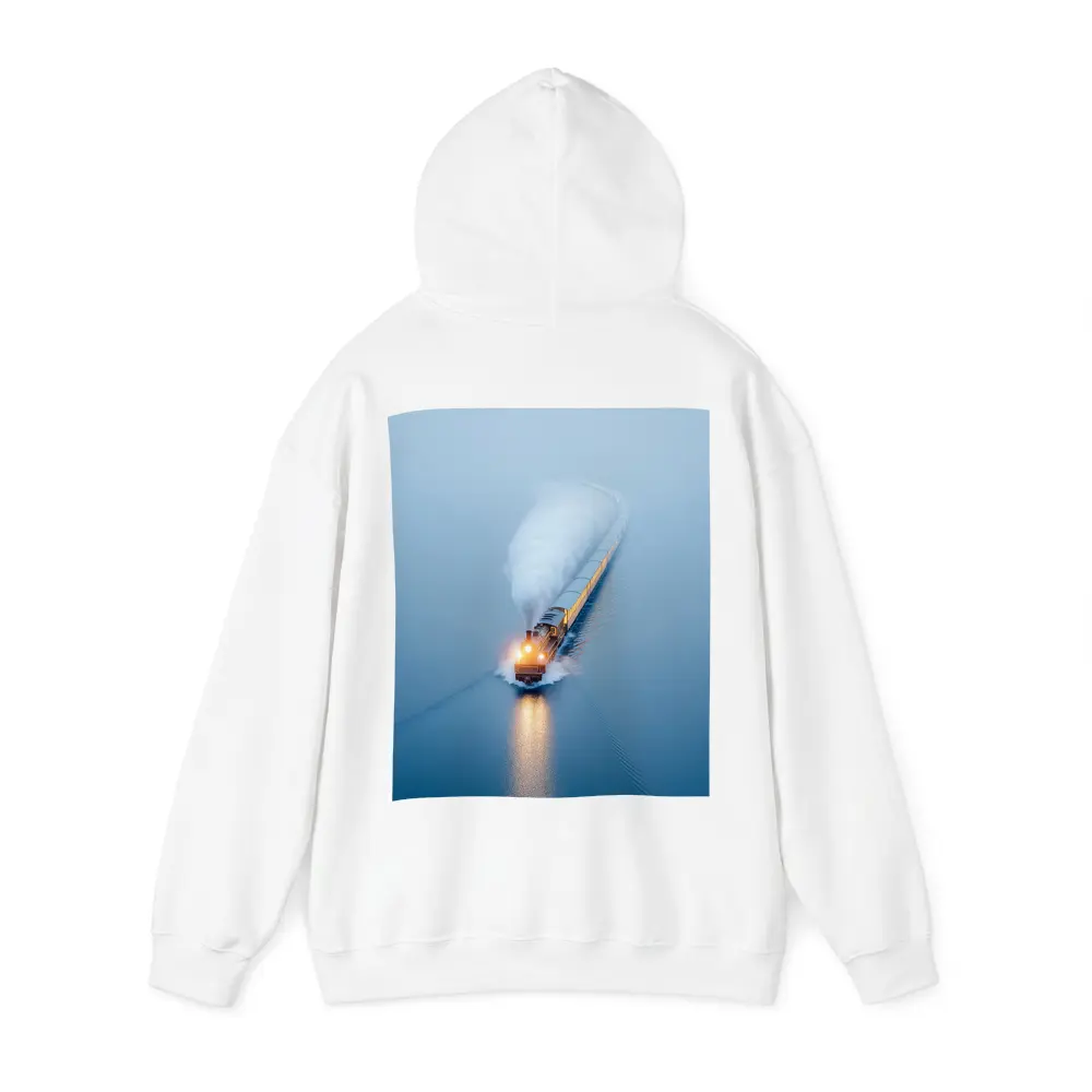 Yellow Train Rushing Through Misty Blue Water – Hoodies
