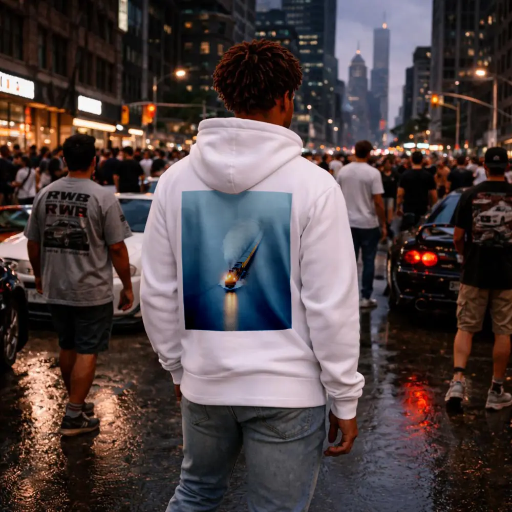 Yellow Train Rushing Through Misty Blue Water – Hoodies