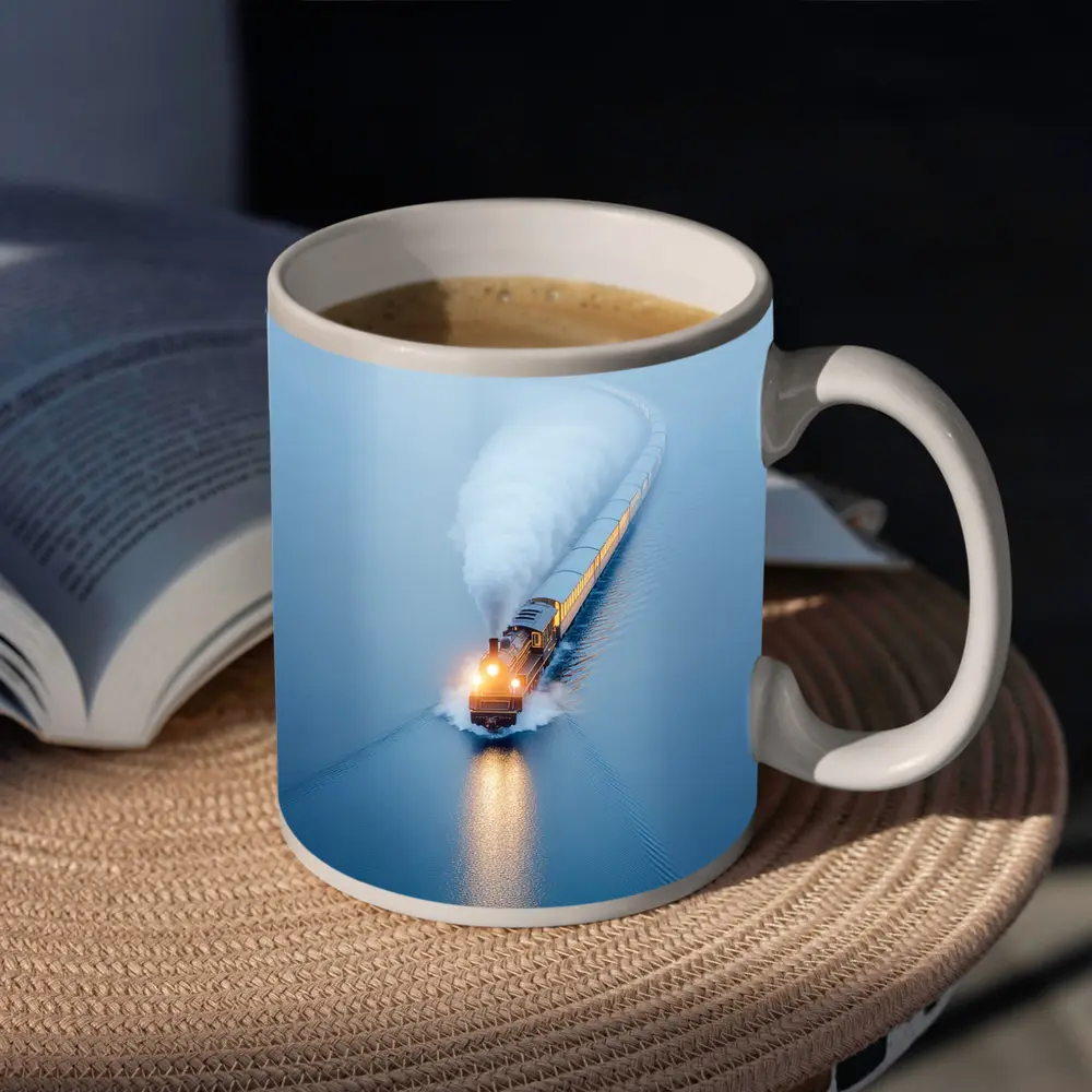 Yellow Train Rushing Through Misty Blue Water – Mugs