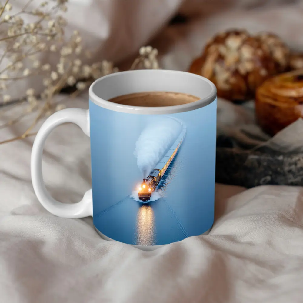 Yellow Train Rushing Through Misty Blue Water – Mugs